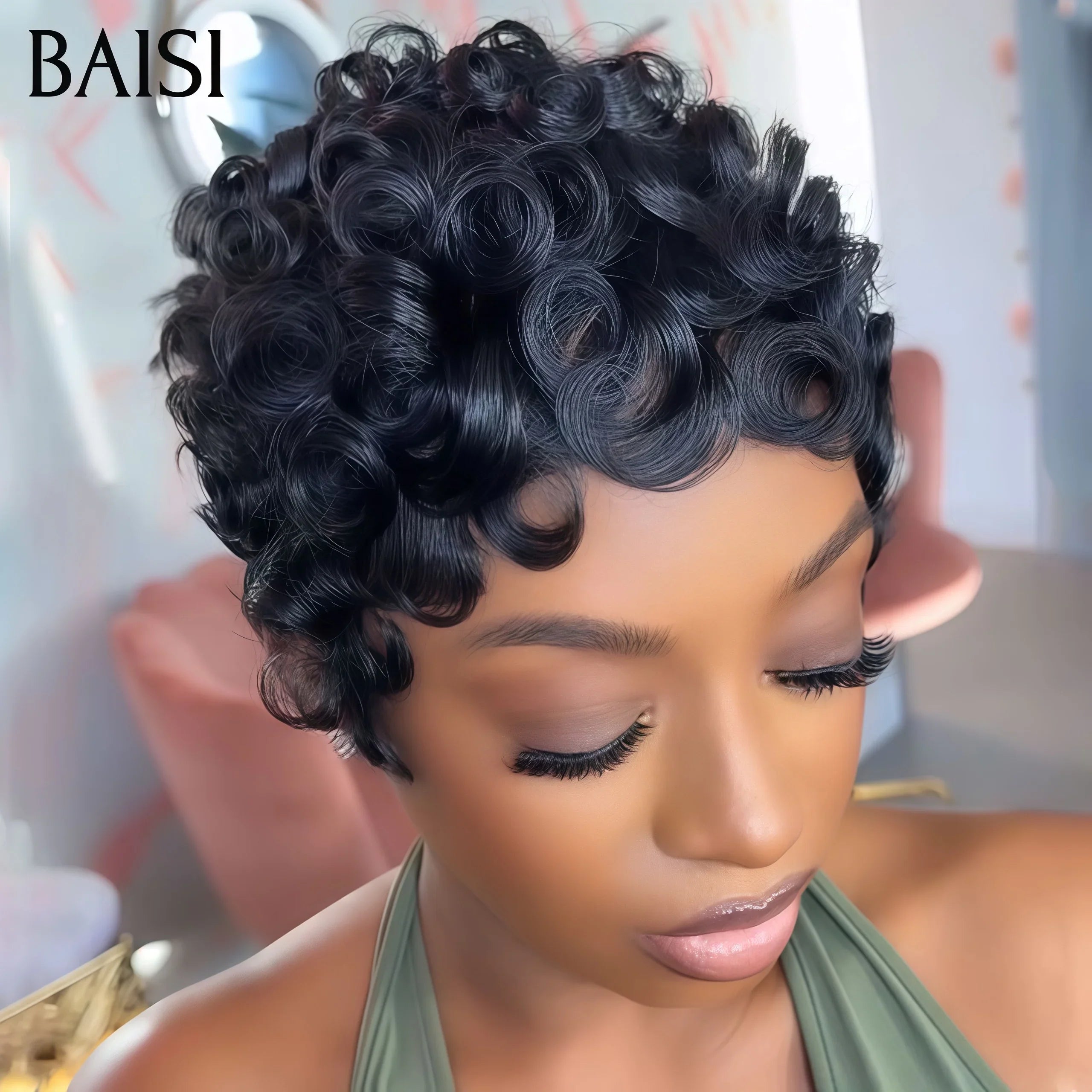 BAISI 50€ Perruques Chioma Pixie Finger Wave petite coupe fabriqué à la machine couleur naturelle En 100% Cheveux Humains