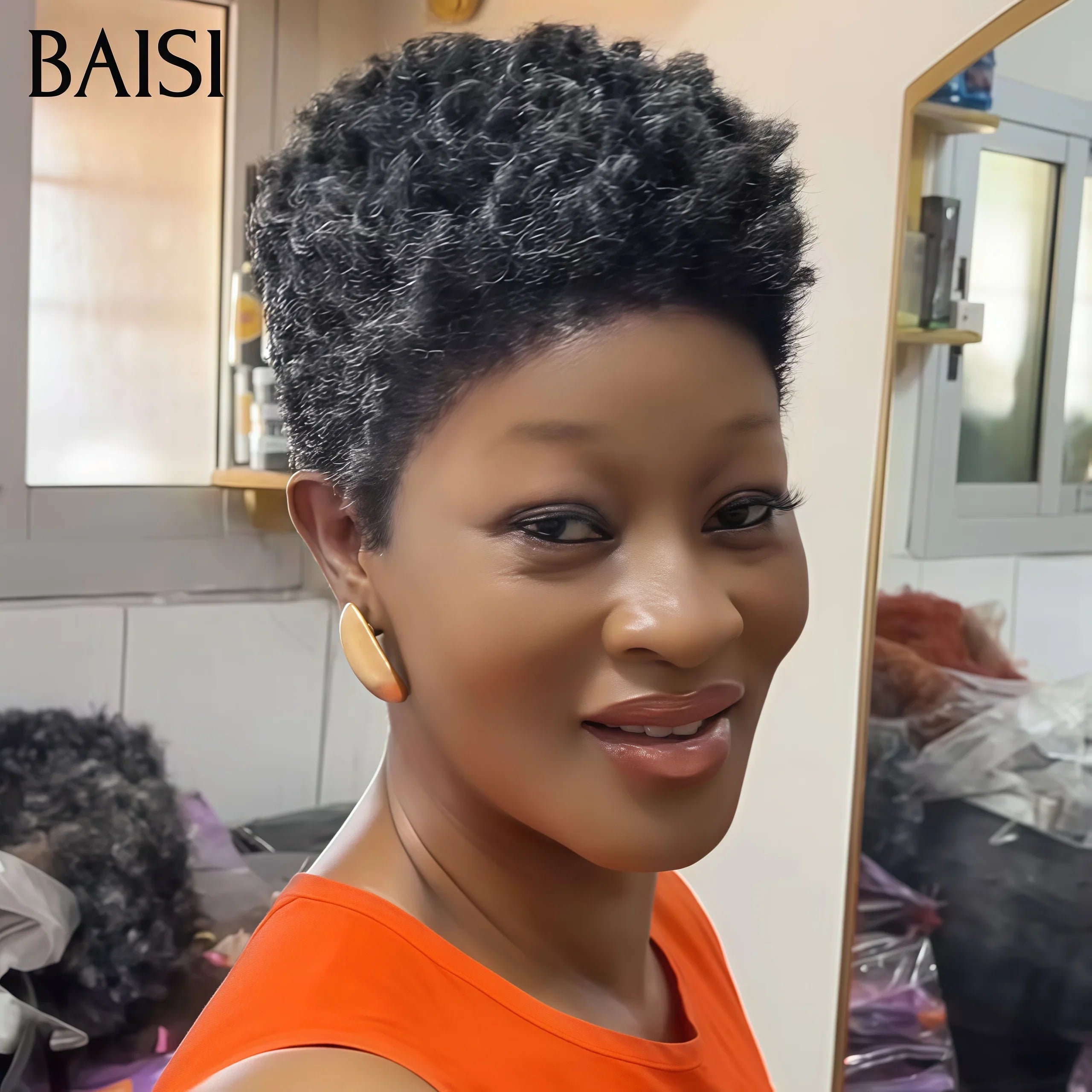 BAISI Perruque Collection Poivre et Sel Perruque Pixie Afro Curl 65€ sans Colle bouclé partout Coupe vibrante en couleur gris ou avec Frontale 99€ en 100% cheveux humains