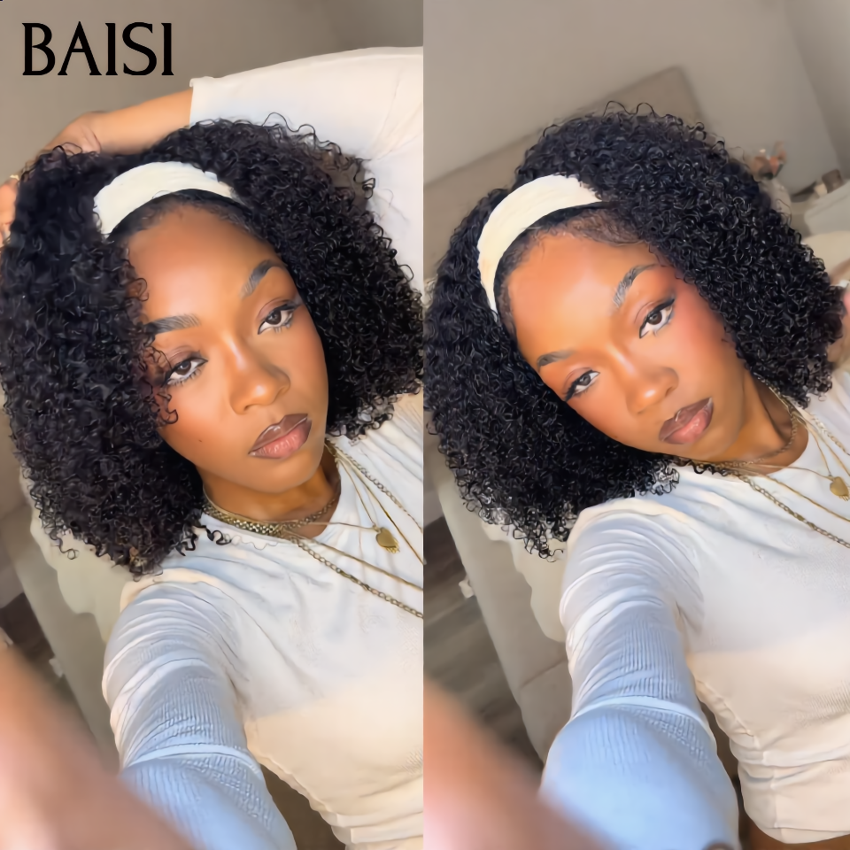 BAISI Perruque Bandeau Curly Fabriquée A La Machine C 14 pouces 89€ Pré-plucked Pas Besoin de Colle ou 18 pouce 109€ sans Colle Lace déjà 100% Cheveux humains
