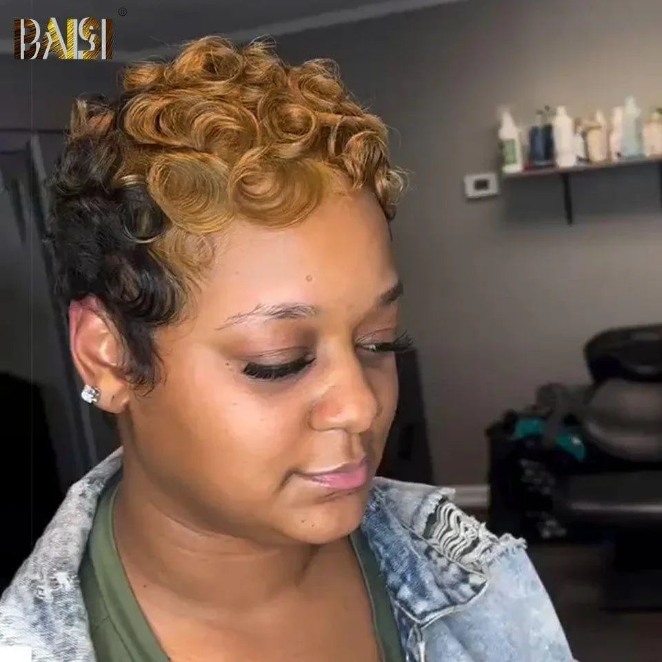 BAISI pixie onda encaracolada sem renda sem cola cores 1BMix30# ou Honey 30# 59€ em Cabelo 100% Humano
