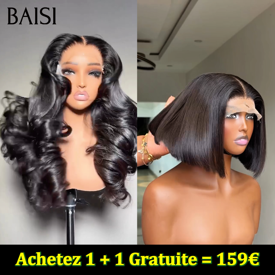 BAISI 2 Perruques Achetez 1 + 1 Gratuite = 159€ body wave 13x4 frontale 20 pouces et Lisse 4x4 closure 10 pouces Noir en 100% vrais cheveux humains