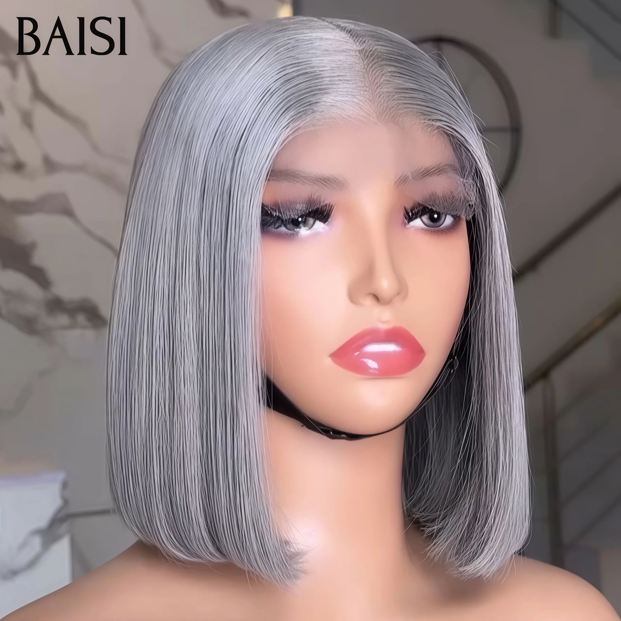 BAISI Collection Poivre et Sel SDD BONE STRAIGHT 250% densité Perruque Lisse Bob 2x6 Lace Closure en couleur Gris En 100% Vrais Cheveux Humains