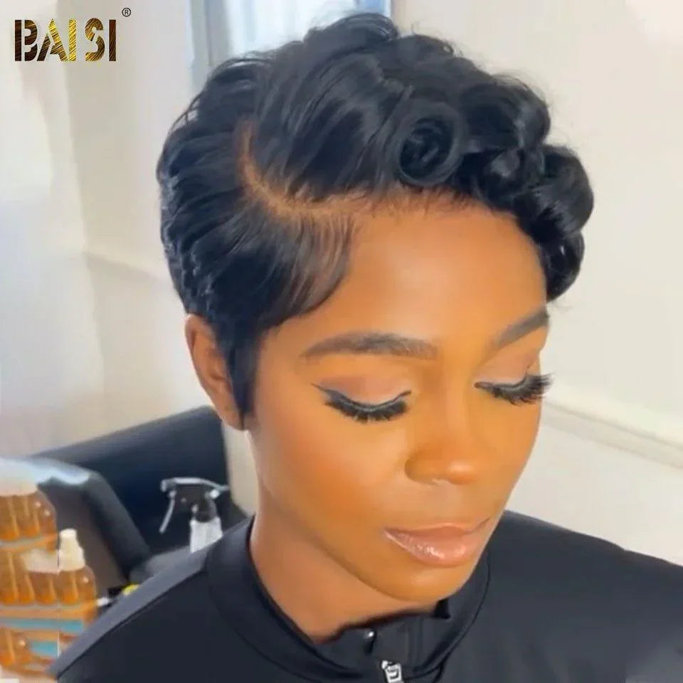 BAISI Perruque Pixie Finger Wave petite coupe 13x4 Lace Frontale 6 pouces 79€ En 100% Cheveux Humains