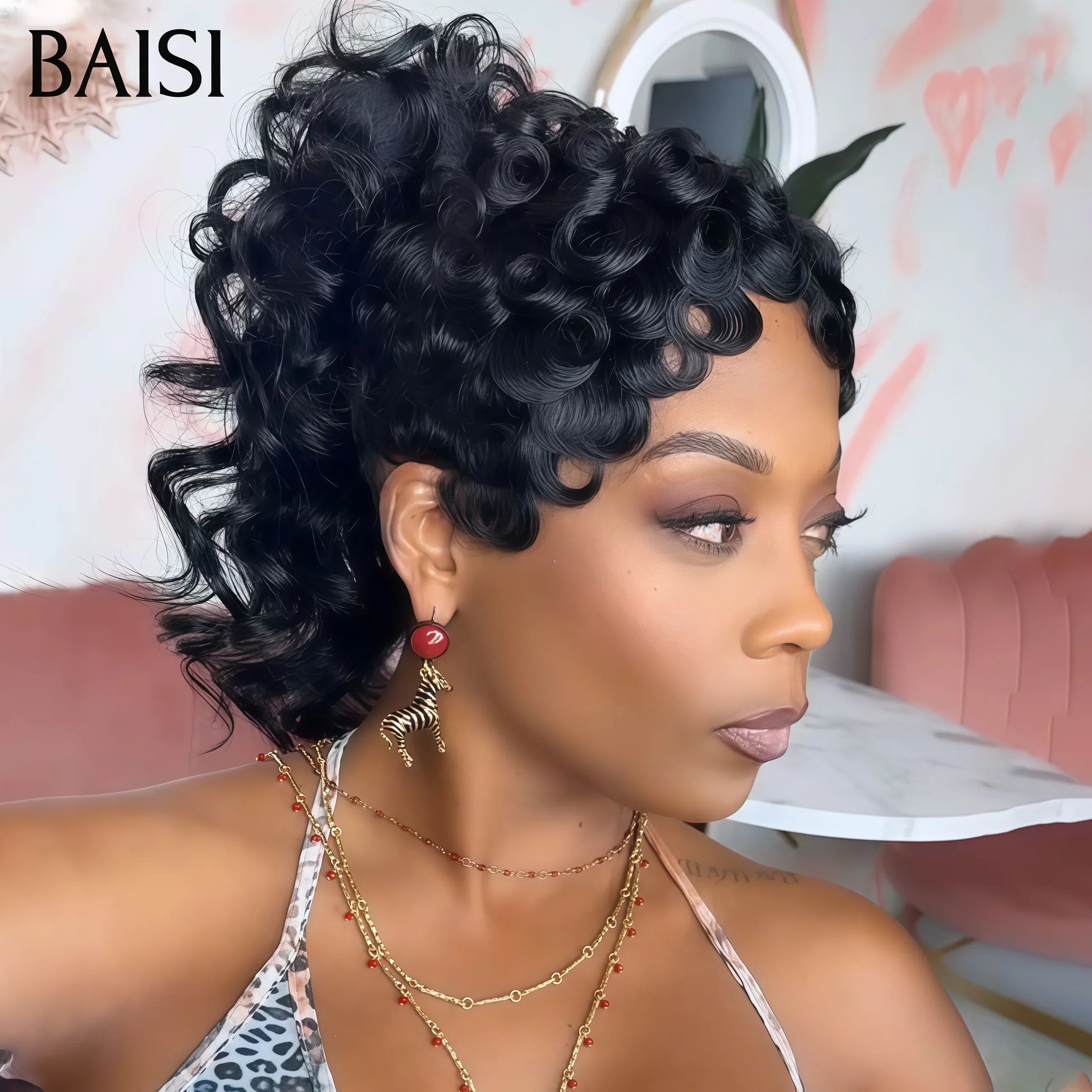 BAISI Perruque Pixie Finger Wave petite coupe fabriqué à la machine 100% comme indiqué sur la photo couleur naturelle En 100% Cheveux Humains