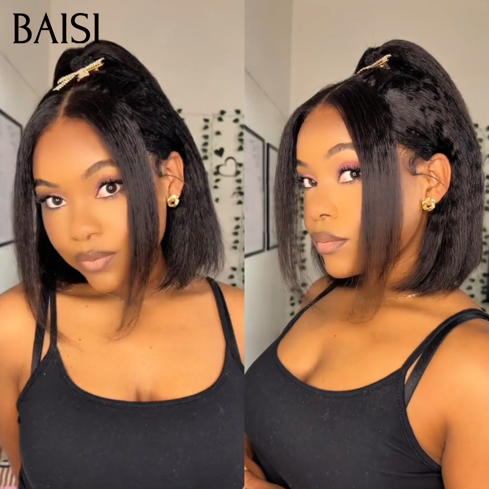 BAISI PROMO 88€ en chignon bun 13X4 lace frontal Perruques kinky straight Sans Colle Lace déjà couper NOIR 10 pouce ou 20 pouces 129€ en 100% vrais cheveux humains