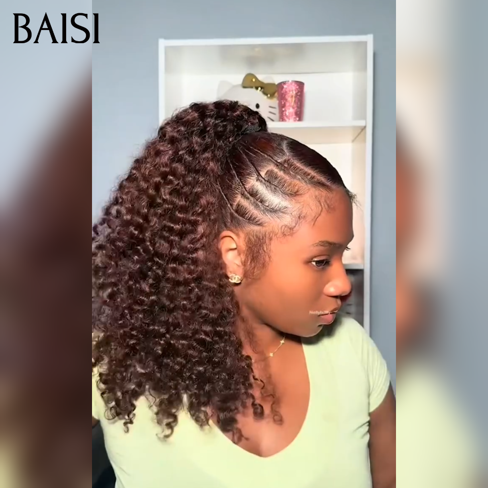 BAISI demi-perruque Prêt-à-porter extension chignon ponytail 20 Pouces 189€ En Couleur Noir CURLY en 100% cheveux humains