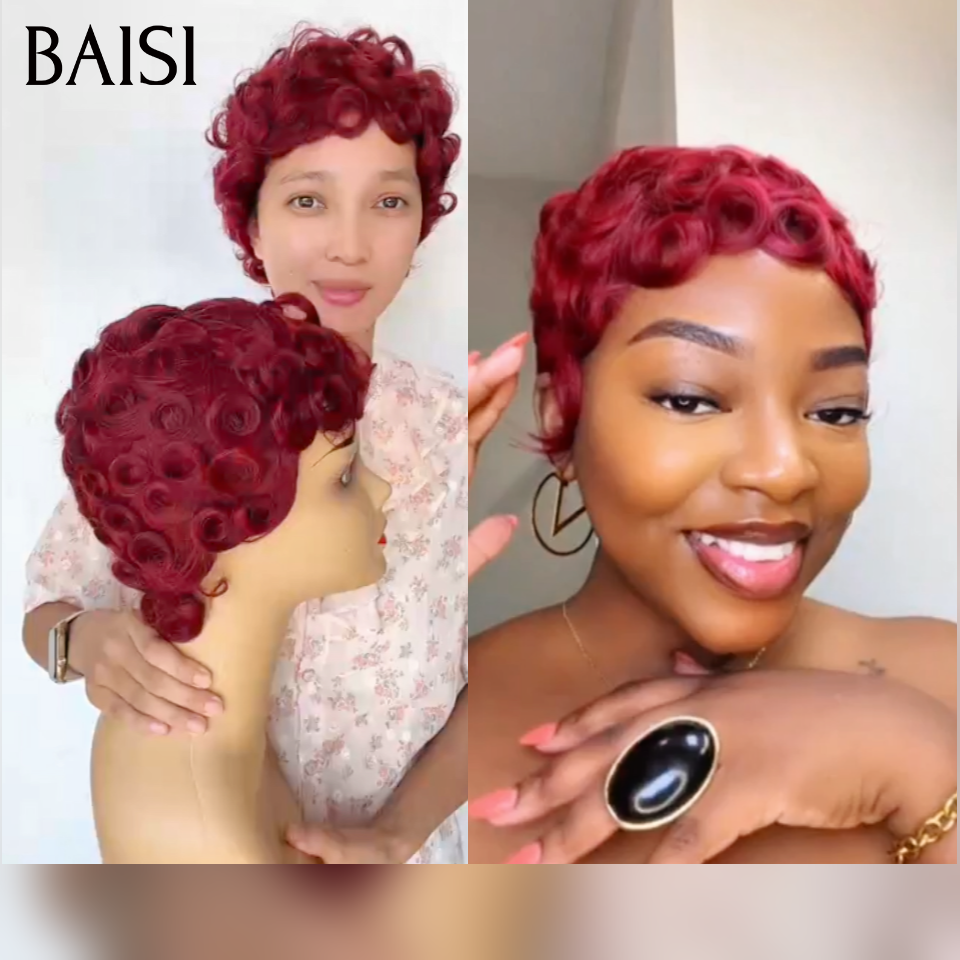 BAISI Perruque chioma pixie finger wave Fabriqué à la Machine Cliente très contente 45€ en couleur Bordeaux 99J# en 100% Cheveux Humains