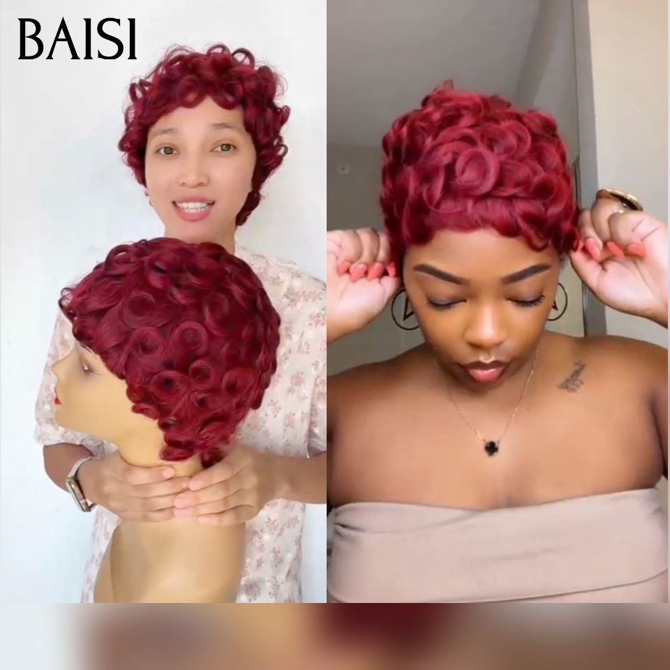 BAISI Perruque chioma pixie finger wave Fabriqué à la Machine Cliente très contente 45€ en couleur Bordeaux 99J# en 100% Cheveux Humains