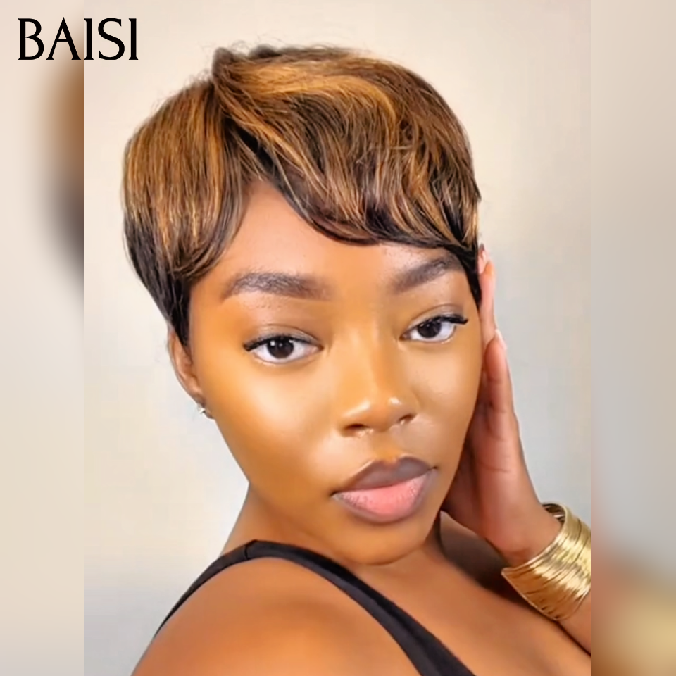 BAISI Perruque Fabriqué à la Machine Pré-plucked Pas Besoin de Colle Pixie PROMO 45€ en 100% vrais cheveux humains WG