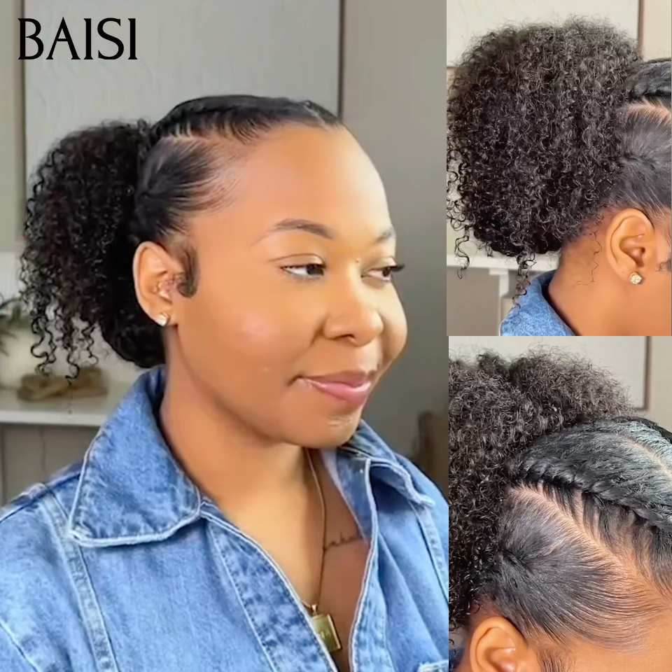 BAISI demi-perruque Prêt-à-porter extension chignon ponytail 16 Pouces 169€ En Couleur Noir kinky curly CURLY en 100% cheveux humains