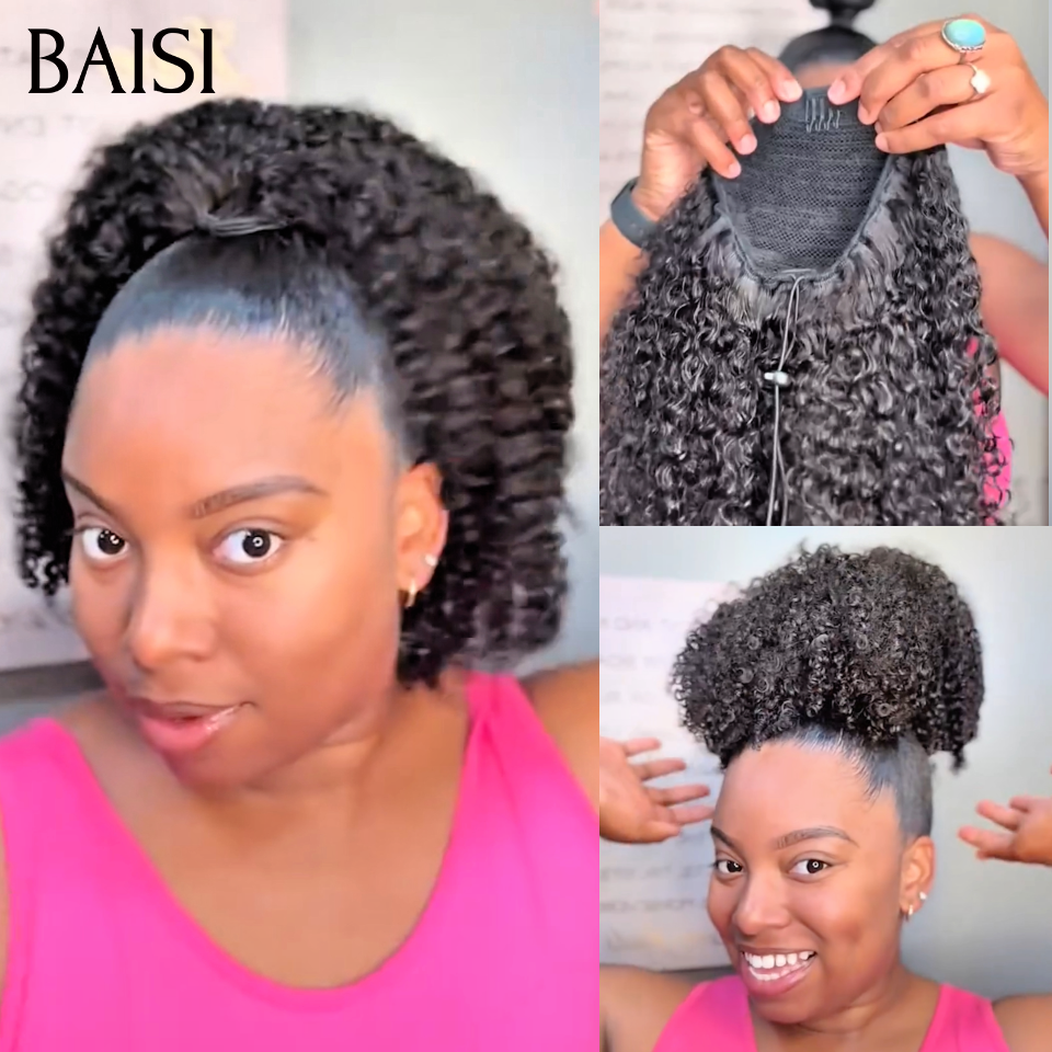 BAISI demi-perruque extension chignon ponytail 12 Pouces 109€ En Couleur Noir Prêt-à-porter CURLY en 100% cheveux humains