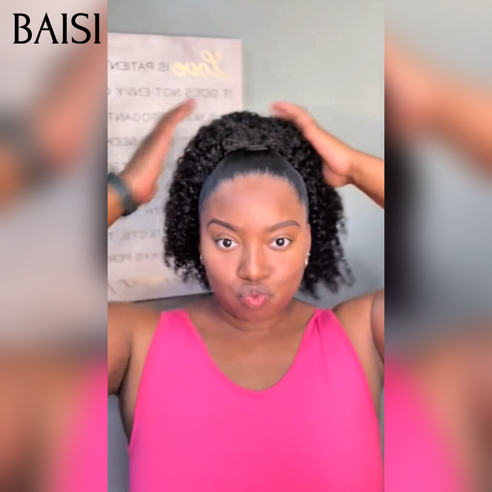 BAISI demi-perruque extension chignon ponytail 12 Pouces 109€ En Couleur Noir Prêt-à-porter CURLY en 100% cheveux humains