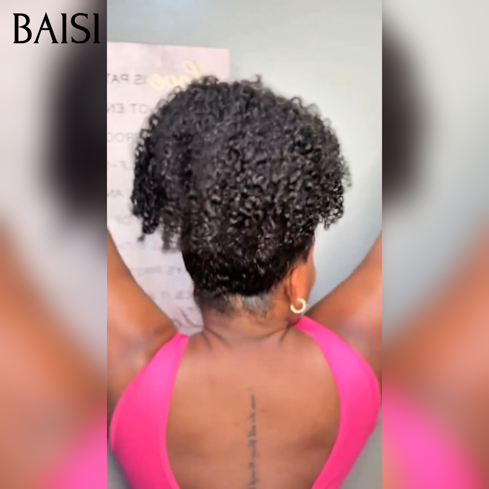 BAISI demi-perruque extension chignon ponytail 12 Pouces 109€ En Couleur Noir Prêt-à-porter CURLY en 100% cheveux humains