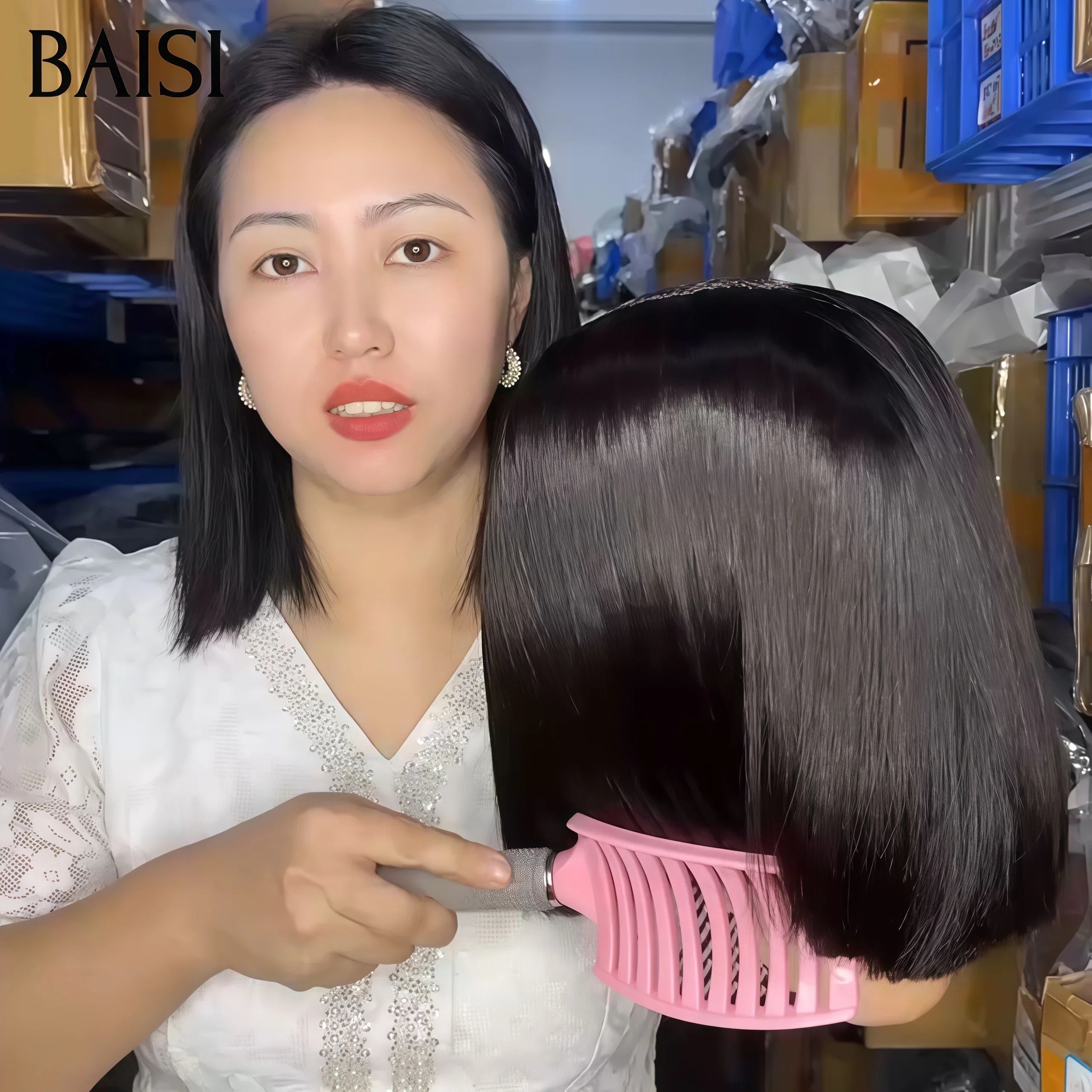 BAISI € 66 Peruca onda Bob EGG com franja preta sem cola e sem renda em cabelo 100% humano BAISI20