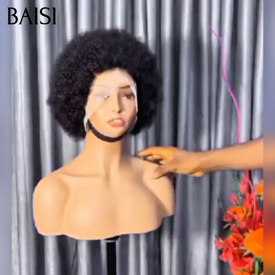 BAISI Achetez perruques Afro avec frontale 13*4 lace 10 pouce Prix D'usine 68€ 200%Densité en 100% Cheveux Humains