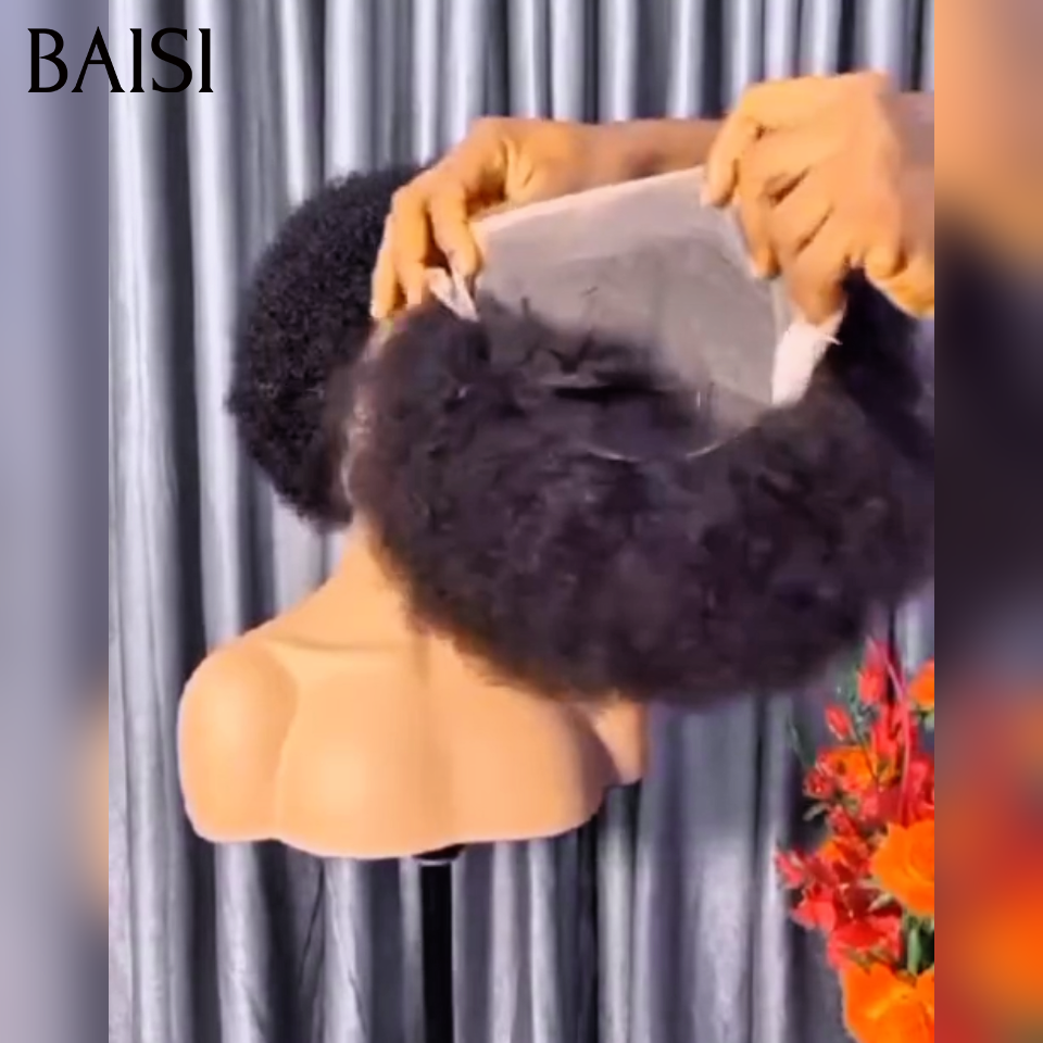 BAISI Achetez perruques Afro avec frontale 13*4 lace 10 pouce Prix D'usine 68€ 200%Densité en 100% Cheveux Humains