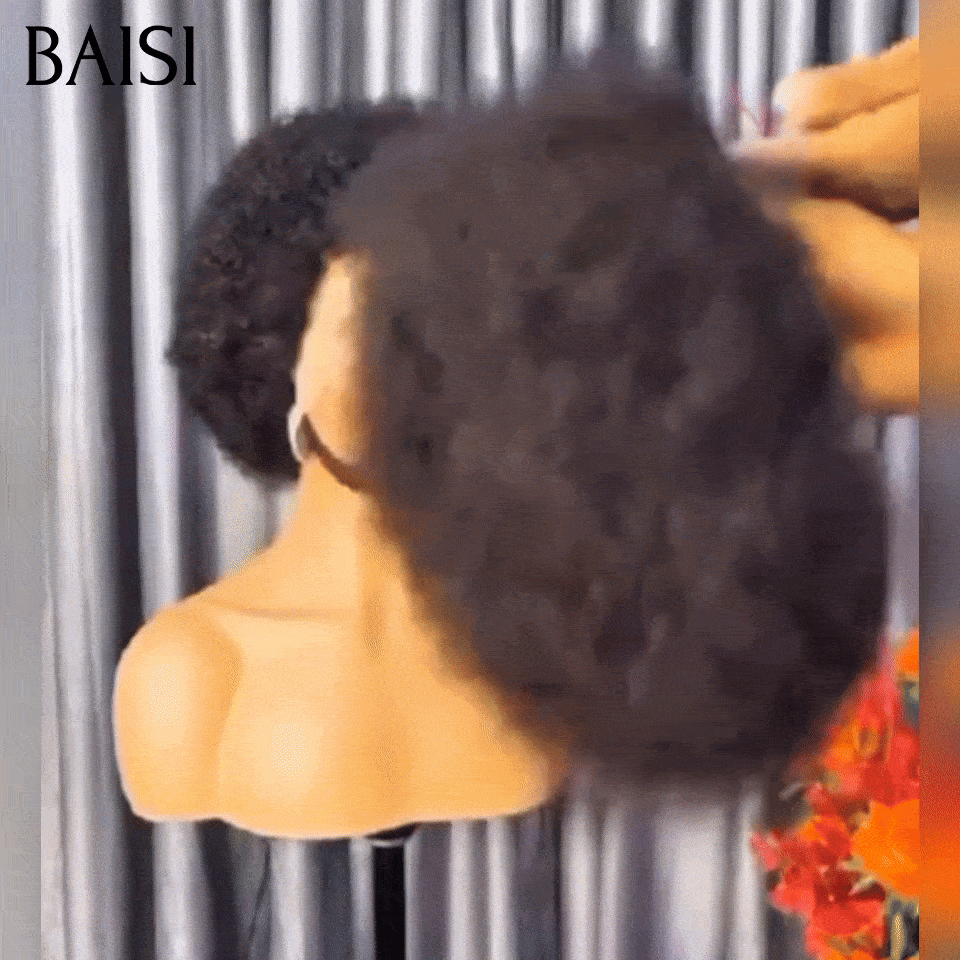 BAISI Achetez perruques Afro avec frontale 13*4 lace 10 pouce Prix D'usine 68€ 200%Densité en 100% Cheveux Humains