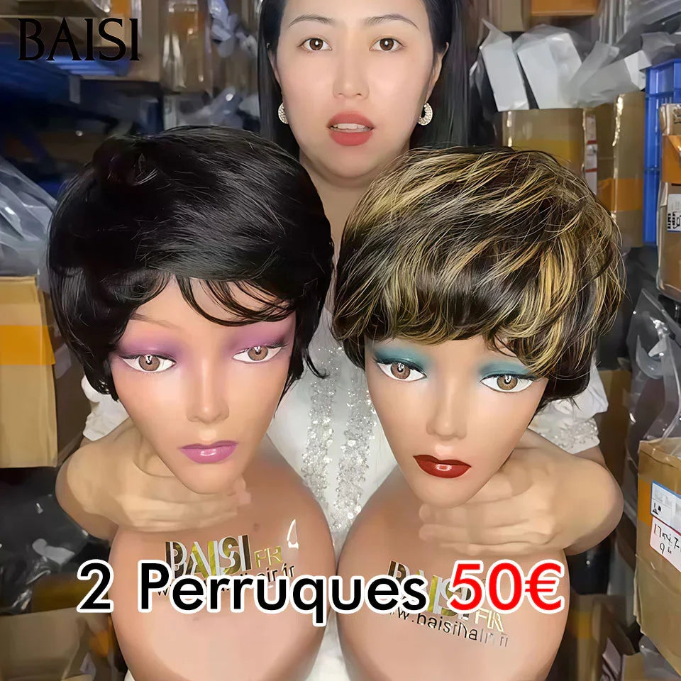 BAISI 2 perruques Flash Offer 50€ Vente en gros pixie lisse Fabriqué à la Machine en couleur 1B30# ou 1B# en 100% vrais cheveux humains