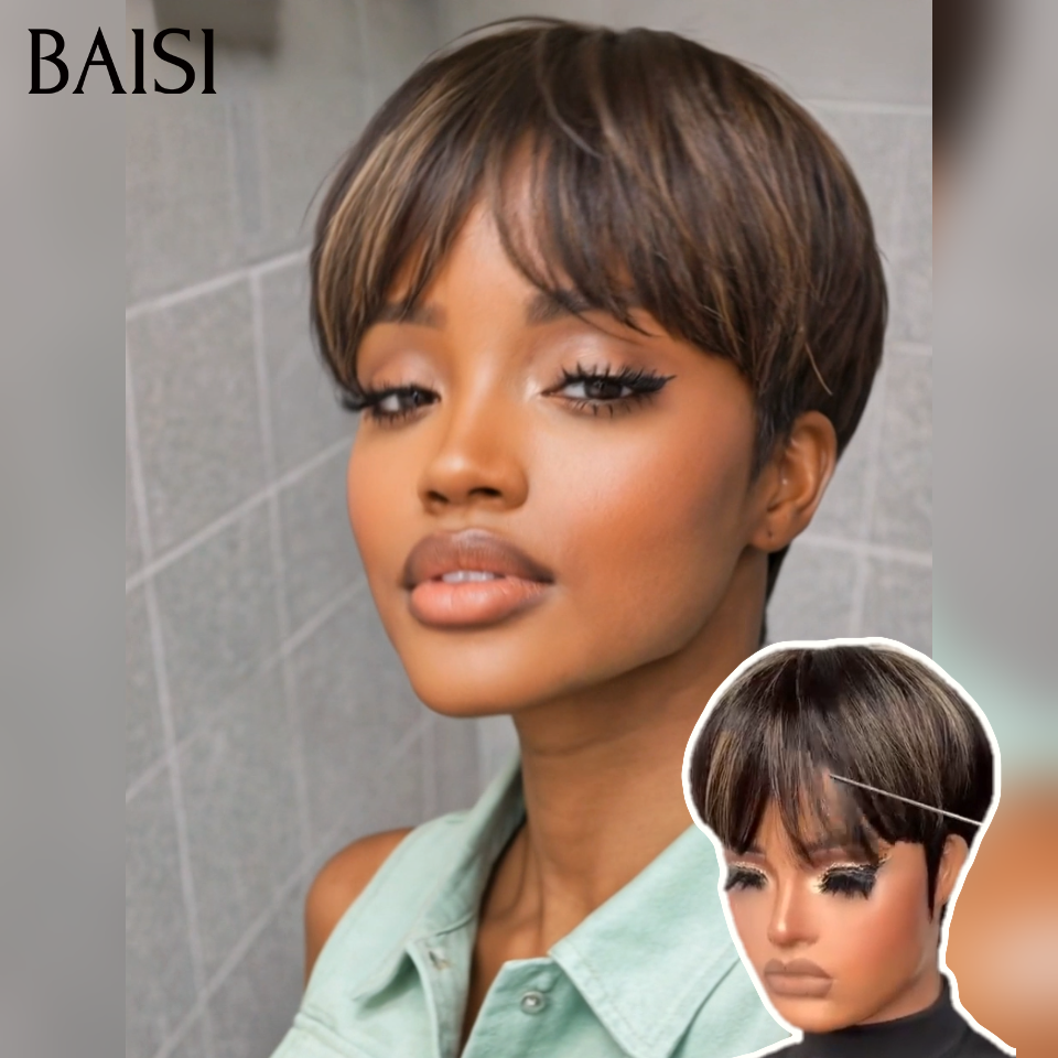 BAISI promotion 66€ Fabriqué à la Machine avec Frange Couleur mixte en sans Colle facile à porter Confortable en 100% Cheveux Humains