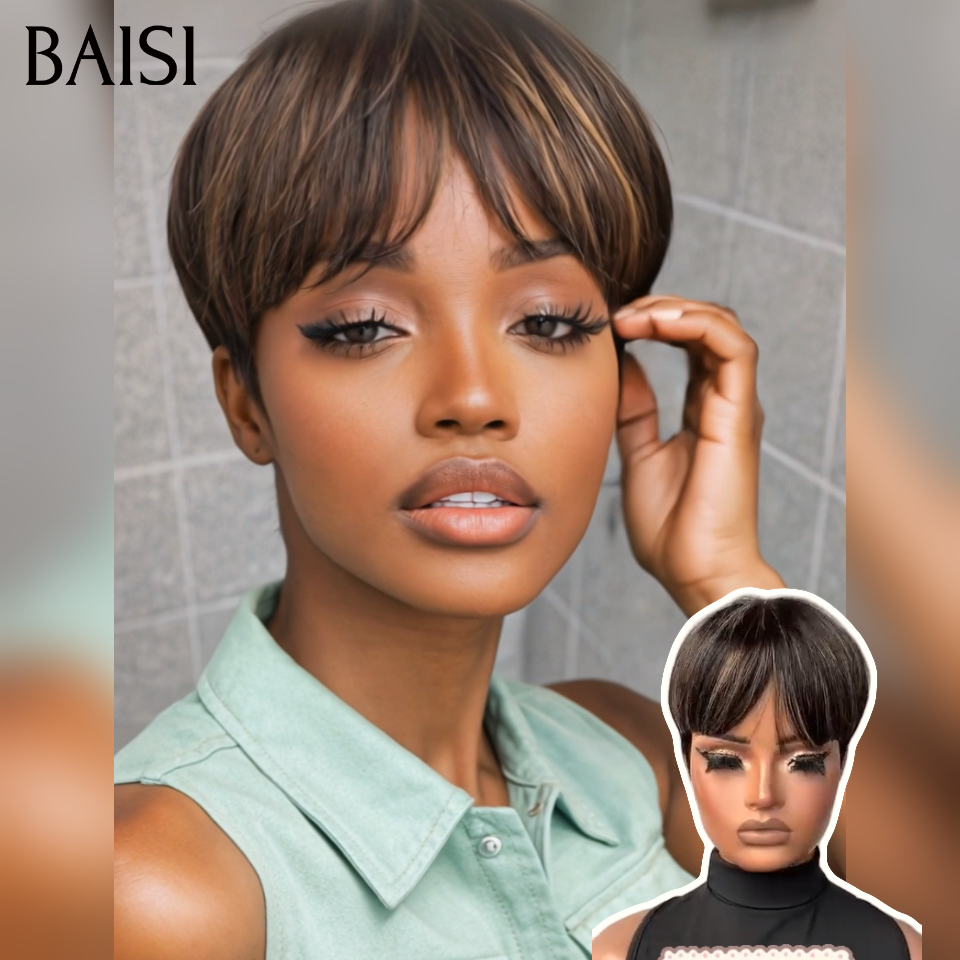 BAISI promotion 66€ Fabriqué à la Machine avec Frange Couleur mixte en sans Colle facile à porter Confortable en 100% Cheveux Humains