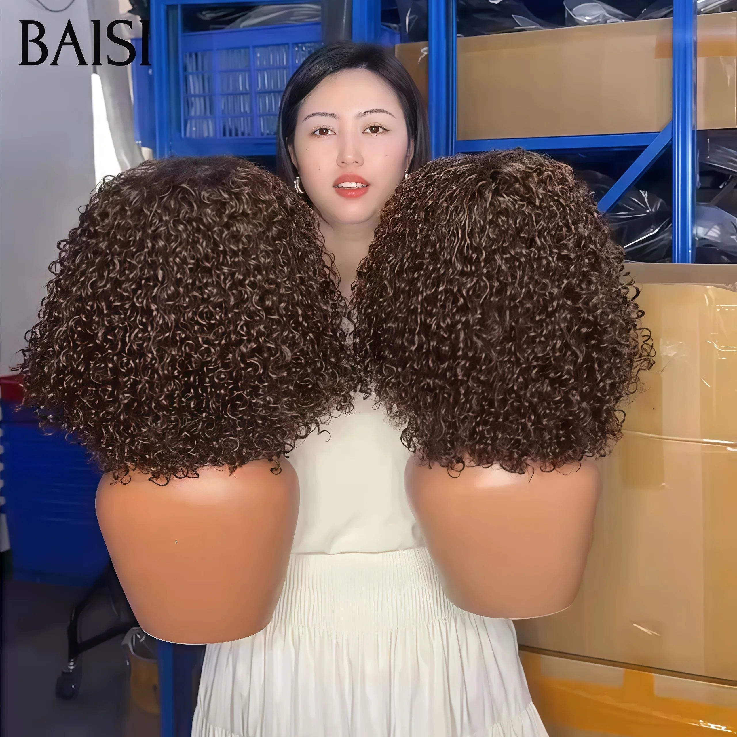 BAISI Perruques 4x4 Lace Perruque Marron 250% de volume densité water wave en 100% Cheveux Humains