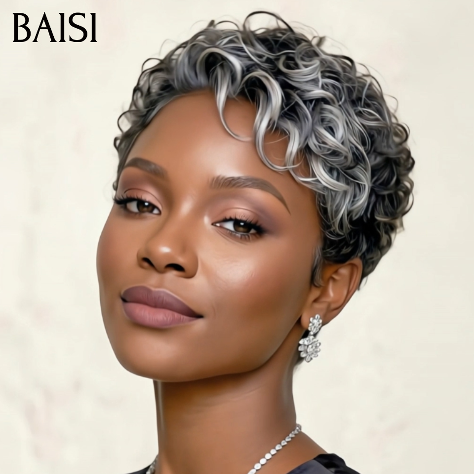 BAISI Usine de Perruques PROMO Chioma Pixie Gris rien que 79€ sans Colle Fabriqué à la machine facile à porter en 100% vrais cheveux humains
