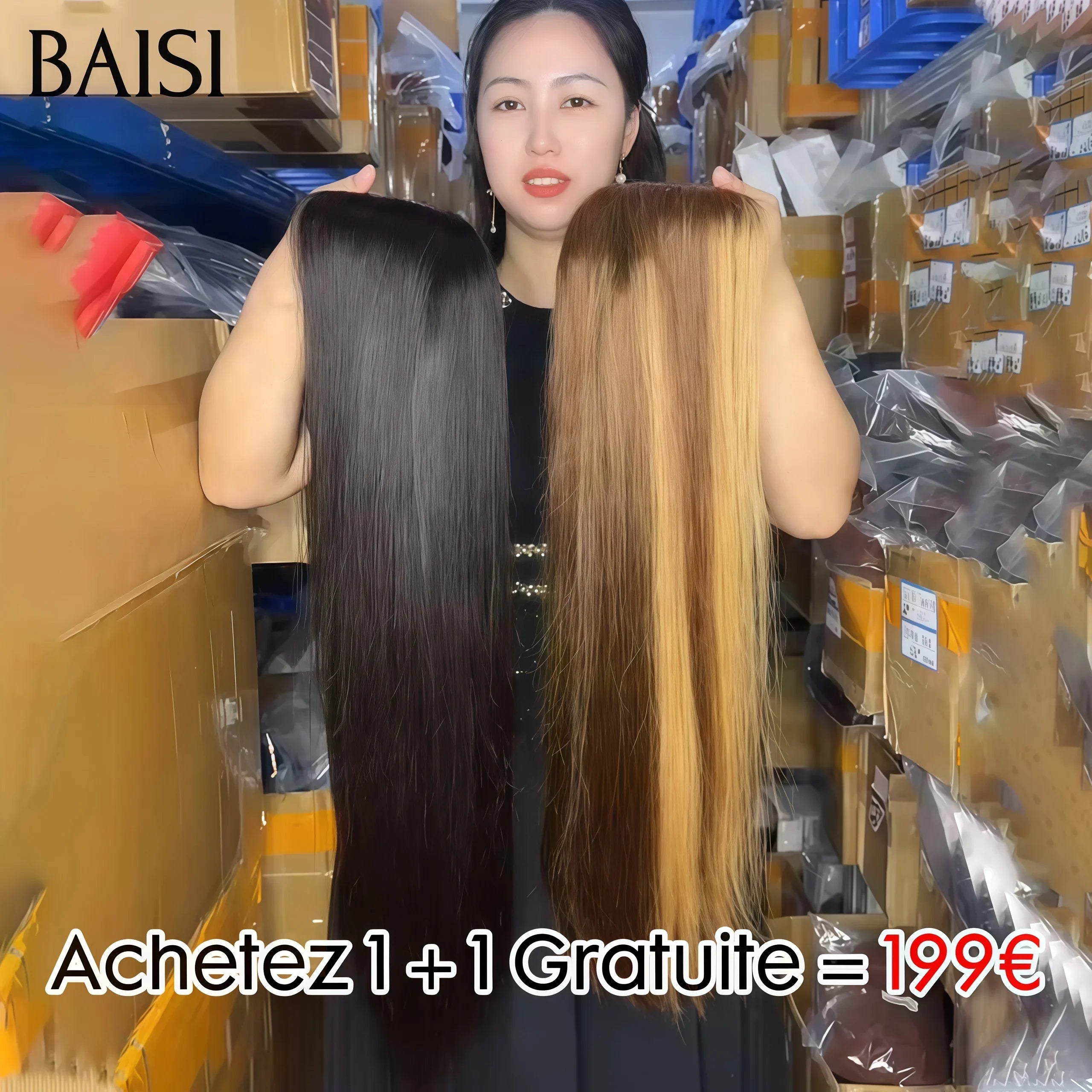 BAISI Achetez 1 + 1 Gratuite = 199€ 13X4 lace frontal Lisse 24 Pouces en couleur Mixte et 4x4 lace closure NOIR Lisse Perruque en 100% vrais cheveux humains