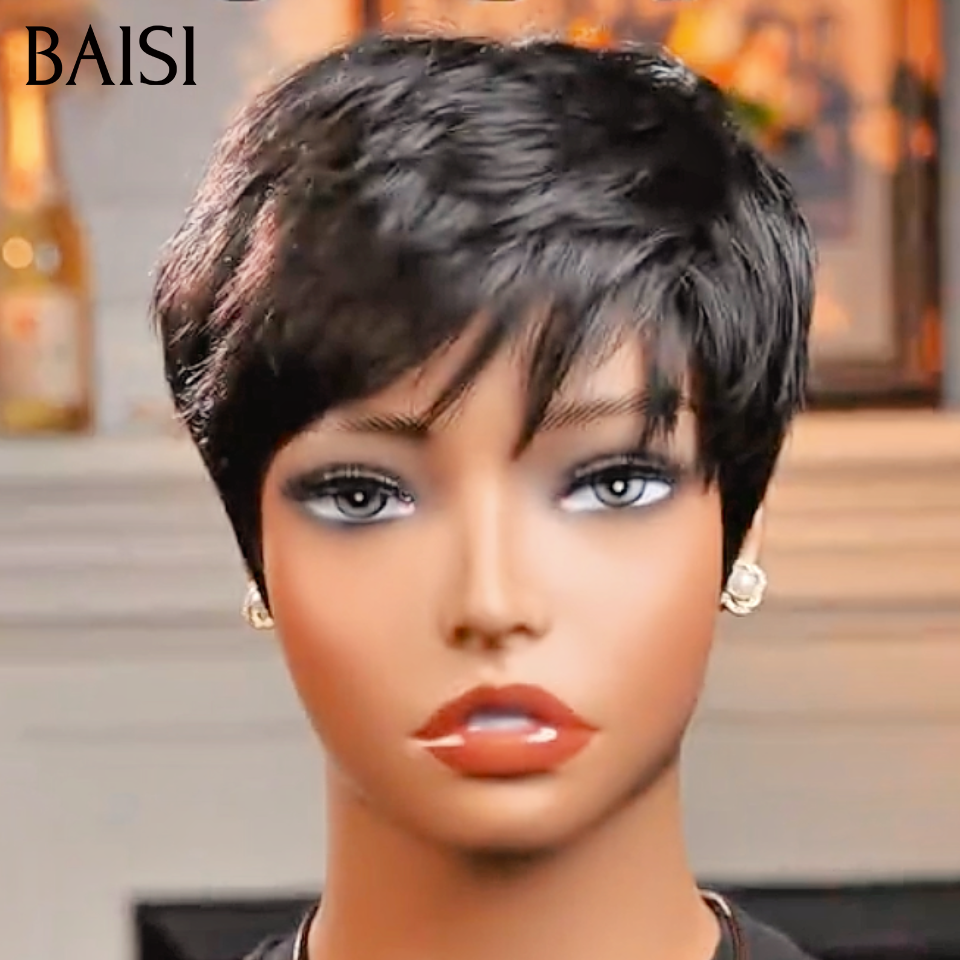 BAISI Perruque 4X4 lace Raie sur le côté en couleur NOIR curly wave 10 Pouces 76€ Sans Colle Prêt-à-porter en 100% Cheveux Humains