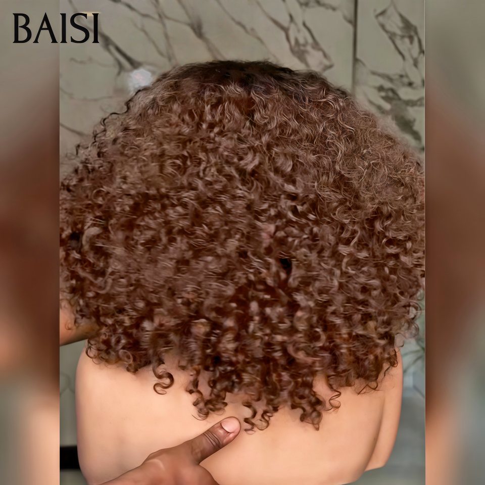 BAISI promotion 4x4 lace closure curly wave marron 250% densité 14 pouces ou 13x4 Lace Frontale Perruque curly wave 18 Pouces 139€ Moitié Prix Sans Colle Lace déjà couper Facile à Porter en 100% Cheveux Humains