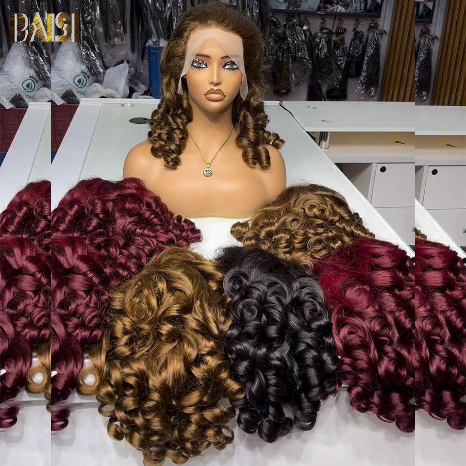 BAISI Achetez 2 perruques minimum au prix d'usine fournisseur Perruque 13X4 066C Bouncy Curly 4 Couleur 18 pouces ou 13X4 lace Bouncy Body wave 16 Pouces Mixte 200% densité plus de 20 ans d' utilisations en 100% Cheveux Humains (Pas Besoin de Code)