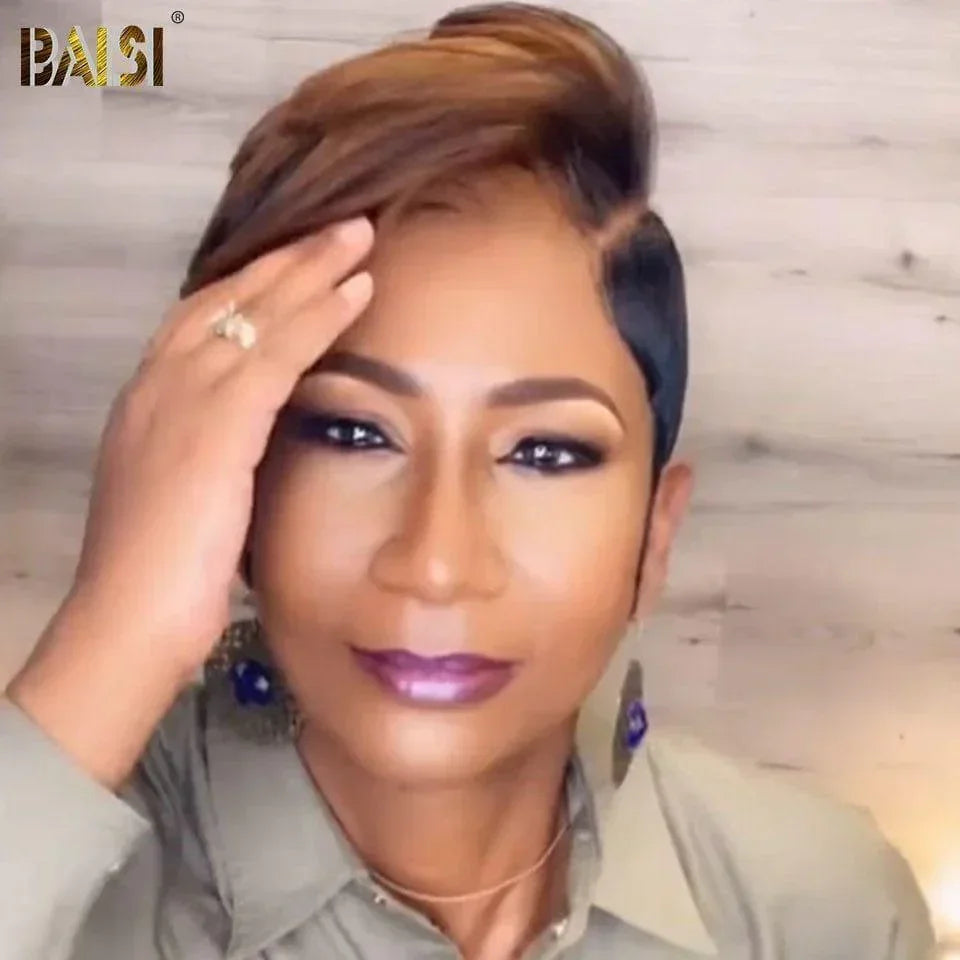 BAISI Perruque Full Lace 100% Cheveux Naturels Perruque Ondulée Coupe Pixie Full Lace Perruque personnalisée Lisse en Couleur noir Mix #33 en 100% cheveux humains