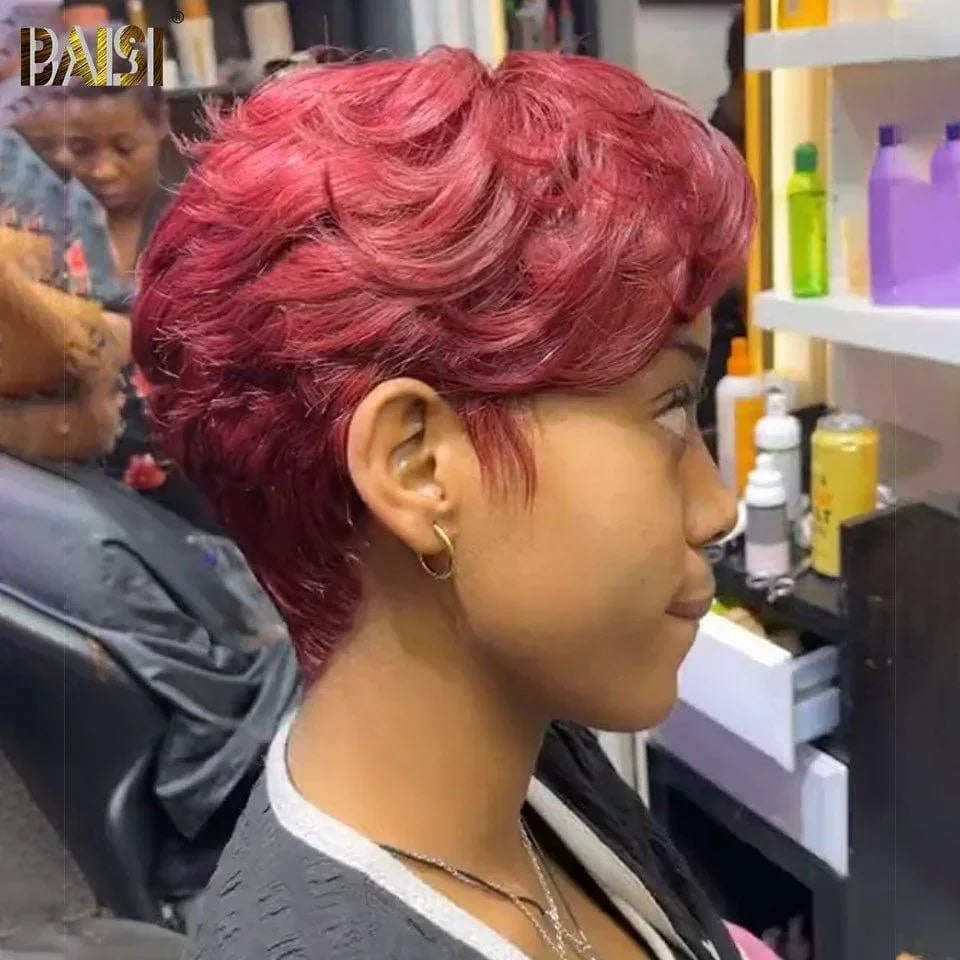 BAISI Perruque Pixie bouclé petite coupe en couleur bordeaux 99J# 6 pouces 80€ En 100% Cheveux Humains