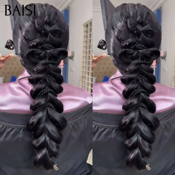 BAISI Penteado de luxo Alyssa Peruca de casamento preta, pronta a usar, coque e personalização como no vídeo, 100% idêntica, com lace frontal para evento especial BS120
