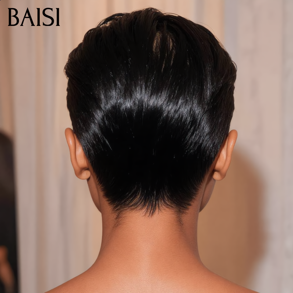 BAISI Collection Perruques Pixie Afro Curly NOIR 46€ Sans Colle Coupe vibrante Fabriqué à la Machine ou Avec Frontale 59€ en 100% Cheveux Humains