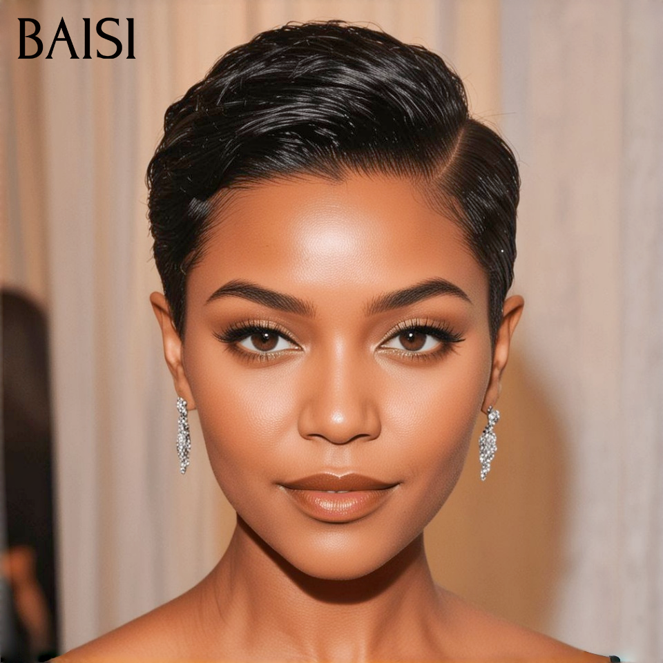 BAISI Collection Perruques Pixie Afro Curly NOIR 46€ Sans Colle Coupe vibrante Fabriqué à la Machine ou Avec Frontale 59€ en 100% Cheveux Humains