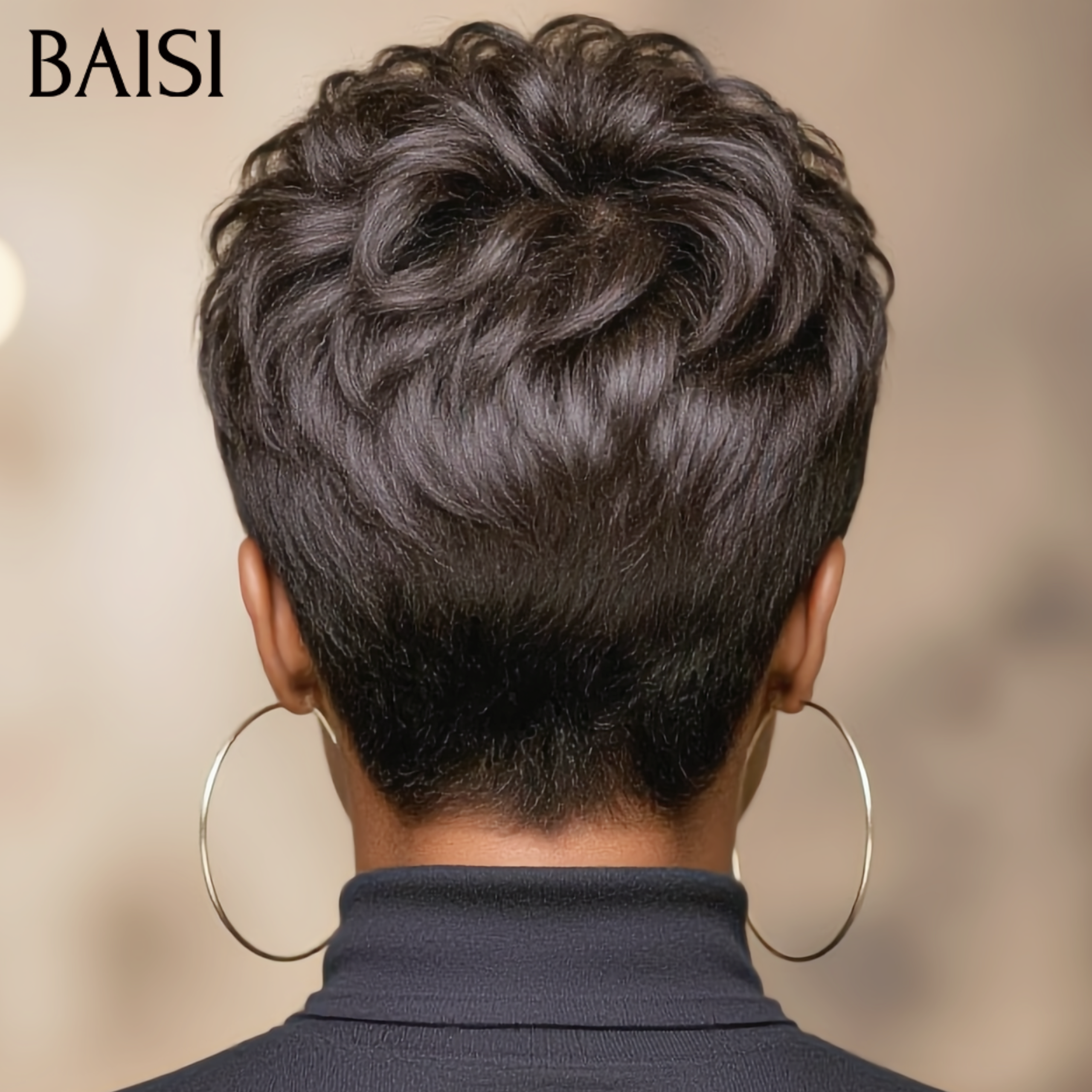 BAISI BLACK FRIDAY Offre limitée Perruque Chioma pixie sans lace 38€ finger wave NOIR Moitié Prix en 100% cheveux humains MP50