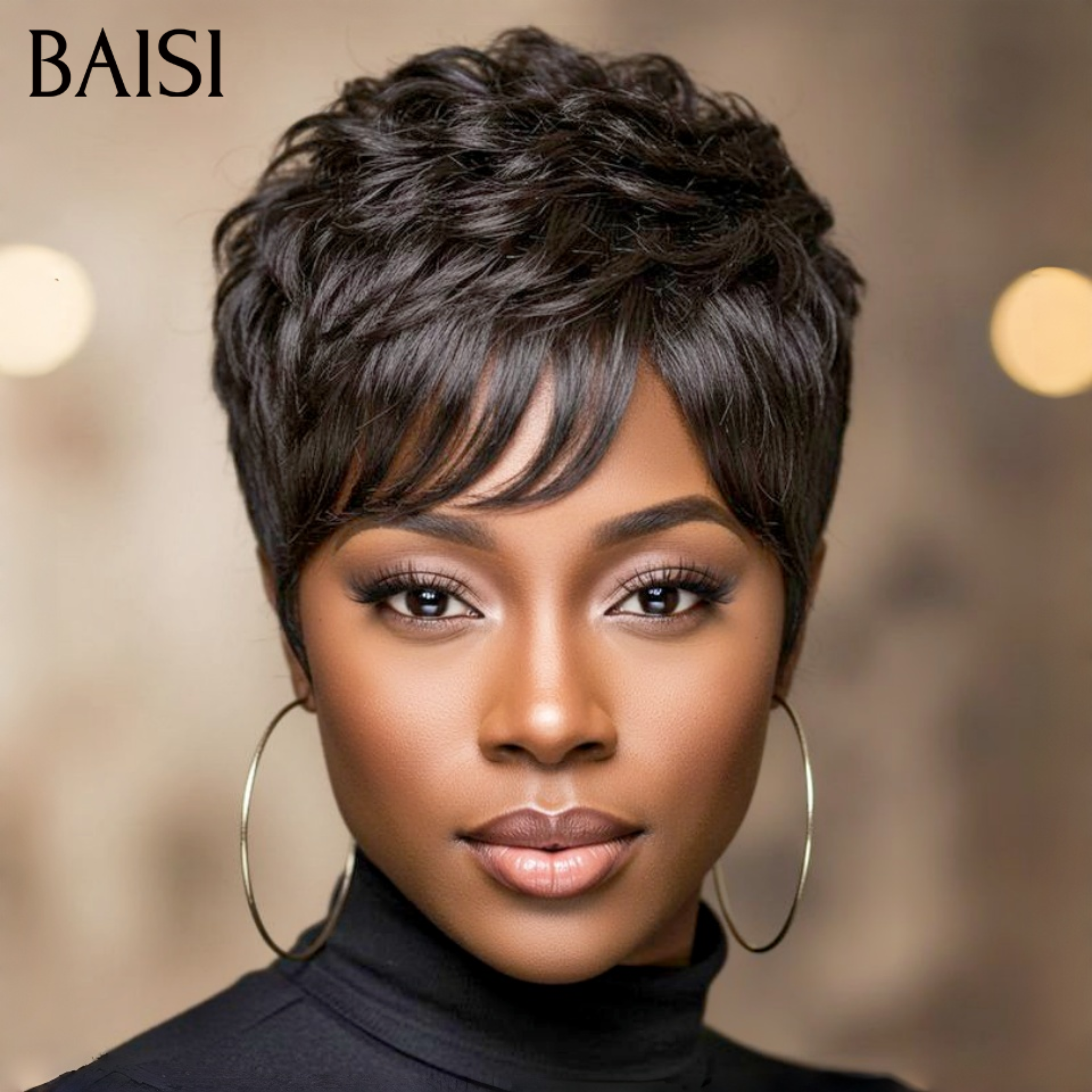 BAISI BLACK FRIDAY Offre limitée Perruque Chioma pixie sans lace 38€ finger wave NOIR Moitié Prix en 100% cheveux humains MP50