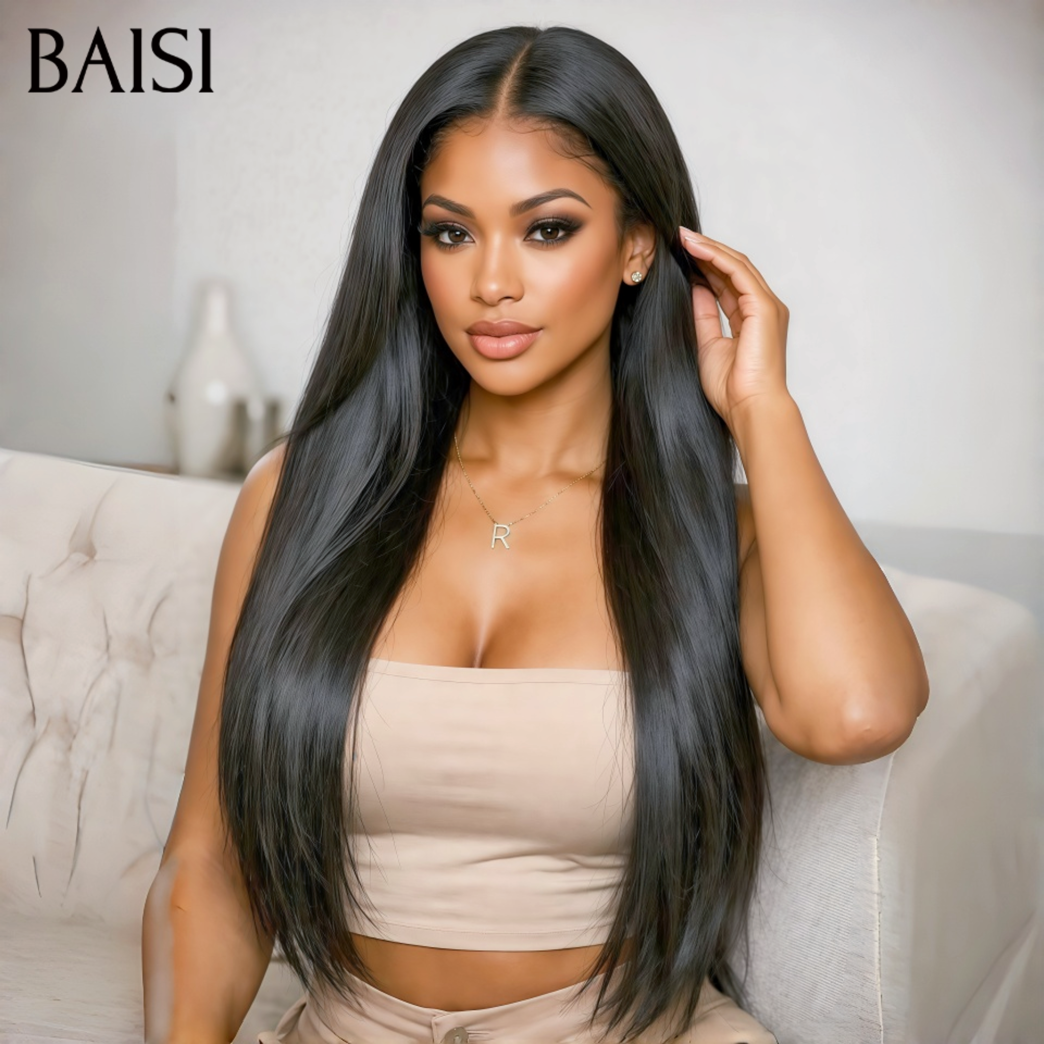 BAISI 13x4 Frontal Straight Wig in color #33 Pre-Plucked No Glue Needed in 100% Raw Hair Lace Already Cut