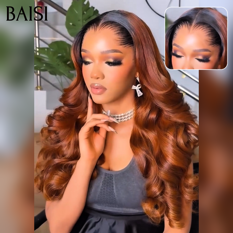 BAISI 13X4 lace frontal Perruque Body Wave Couleur Marron Orangée Racine Noir 1B/30 En 100% Cheveux Humains