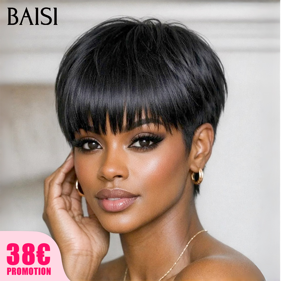 BAISI pixie noir 38€ ou Couleur Marron Mix Miel 4#27# 9047 Pixie Noir #026 petite coupe fabriqué à la machine Sans Colle Sans Lace cheveaux humains