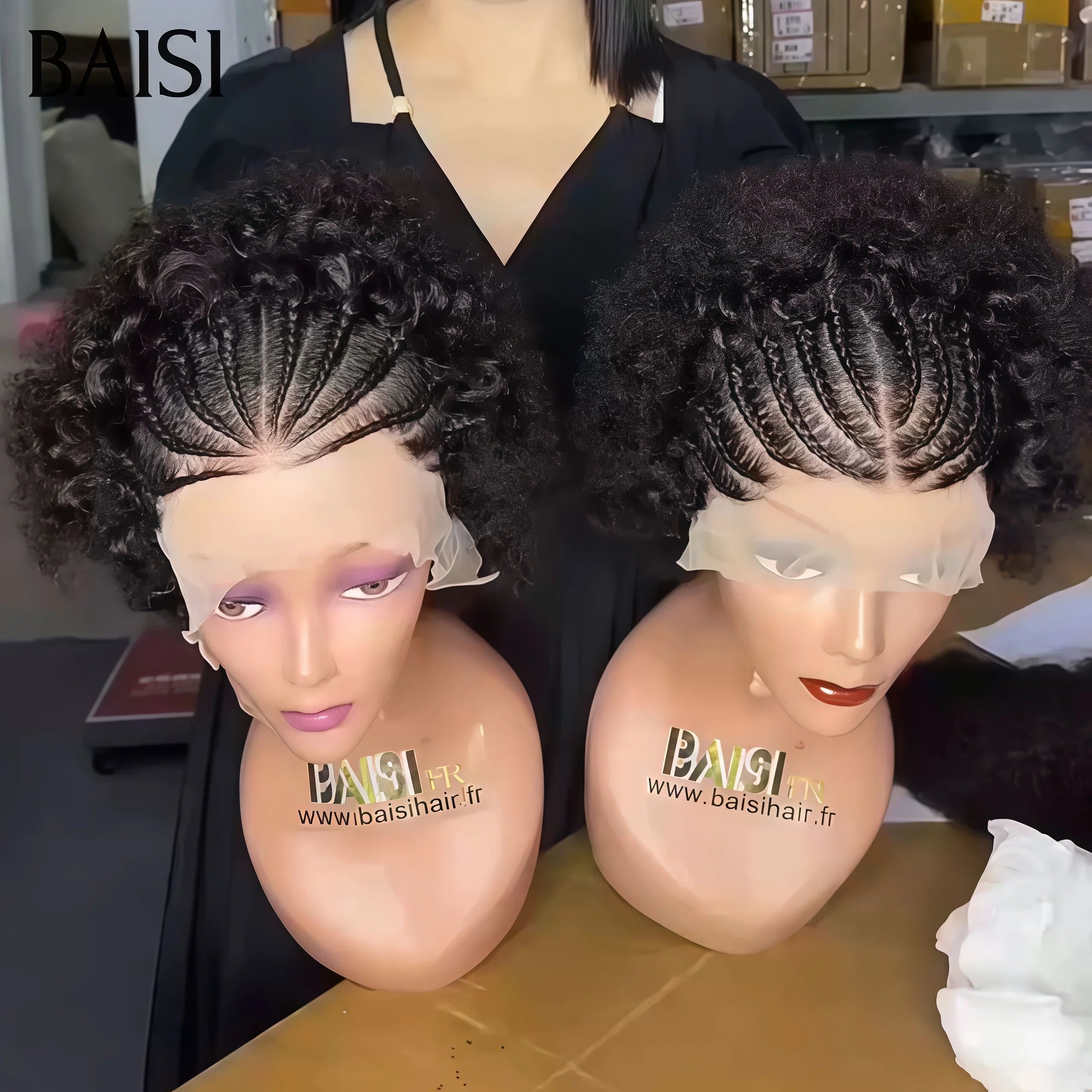 BAISI 13X4 frontale lace perruque afro curl wave avec coiffure tressée natte frisé 55€ 100% cheveux humains BS60