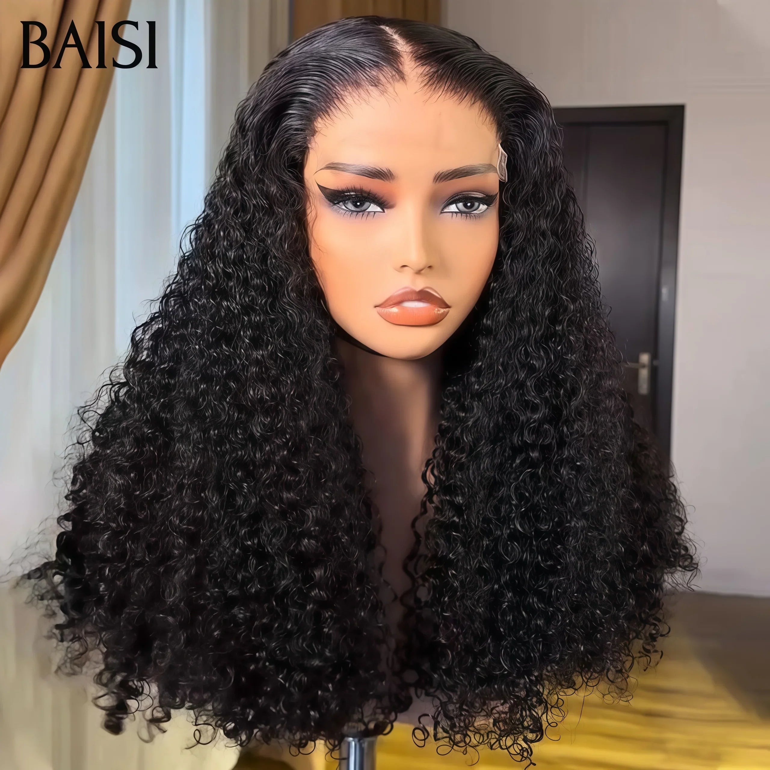 BAISI 4X4 lace closure Perruques 16 pouces 145€ de Luxe Volume 250% densité noir Curly Wave double drawn mèches vièges en 100% Cheveux Humains FR20