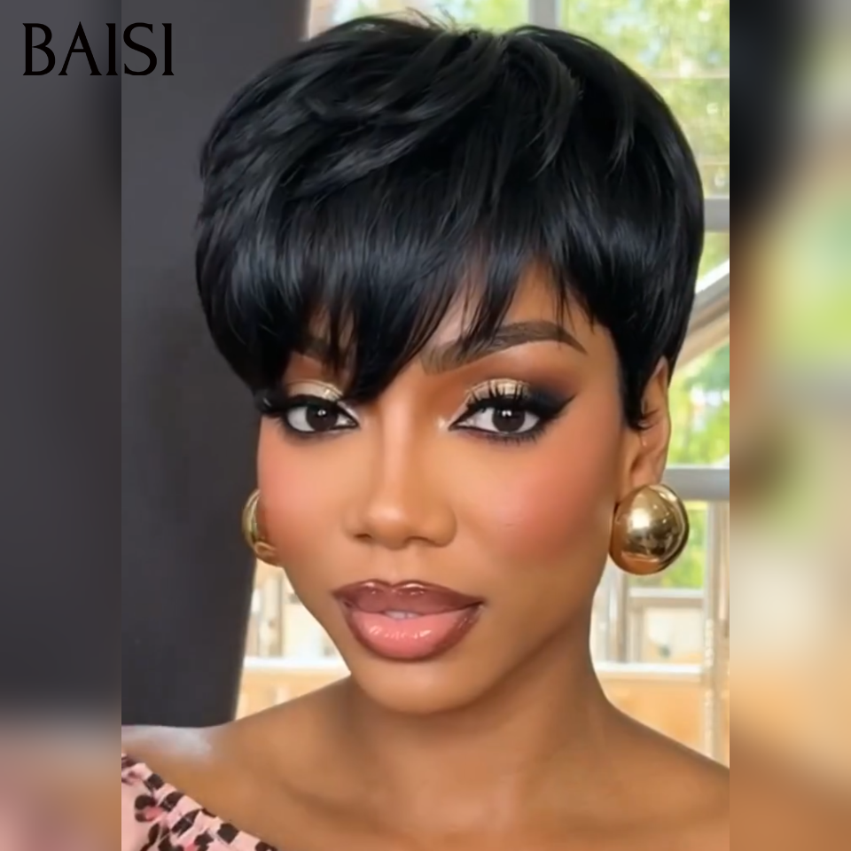 BAISI Perruque Pixie lisse Sans Lace Sans Colle Facile à Porter Pratique pour Sortir en Urgence En 100% Cheveux Humains