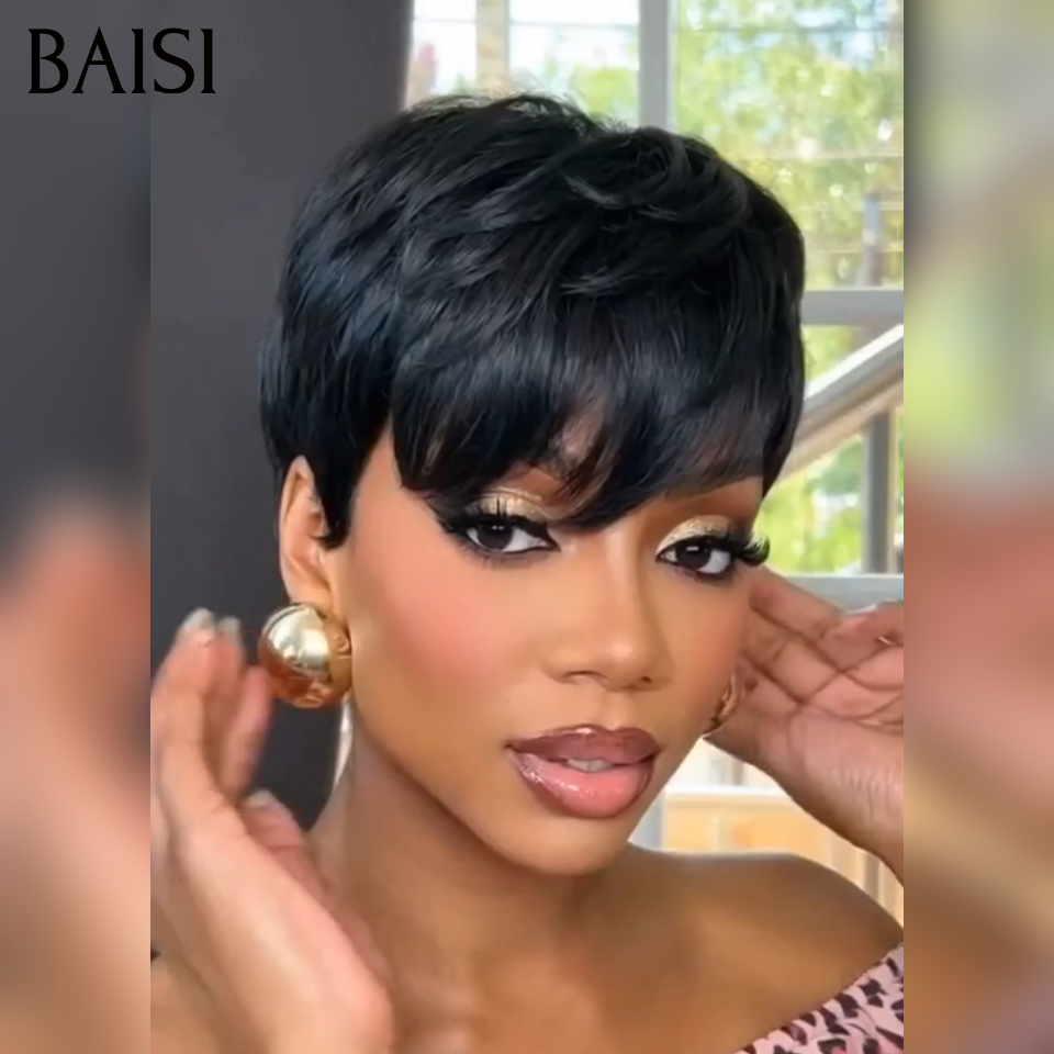 BAISI Perruque Pixie lisse Sans Lace Sans Colle Facile à Porter Pratique pour Sortir en Urgence En 100% Cheveux Humains
