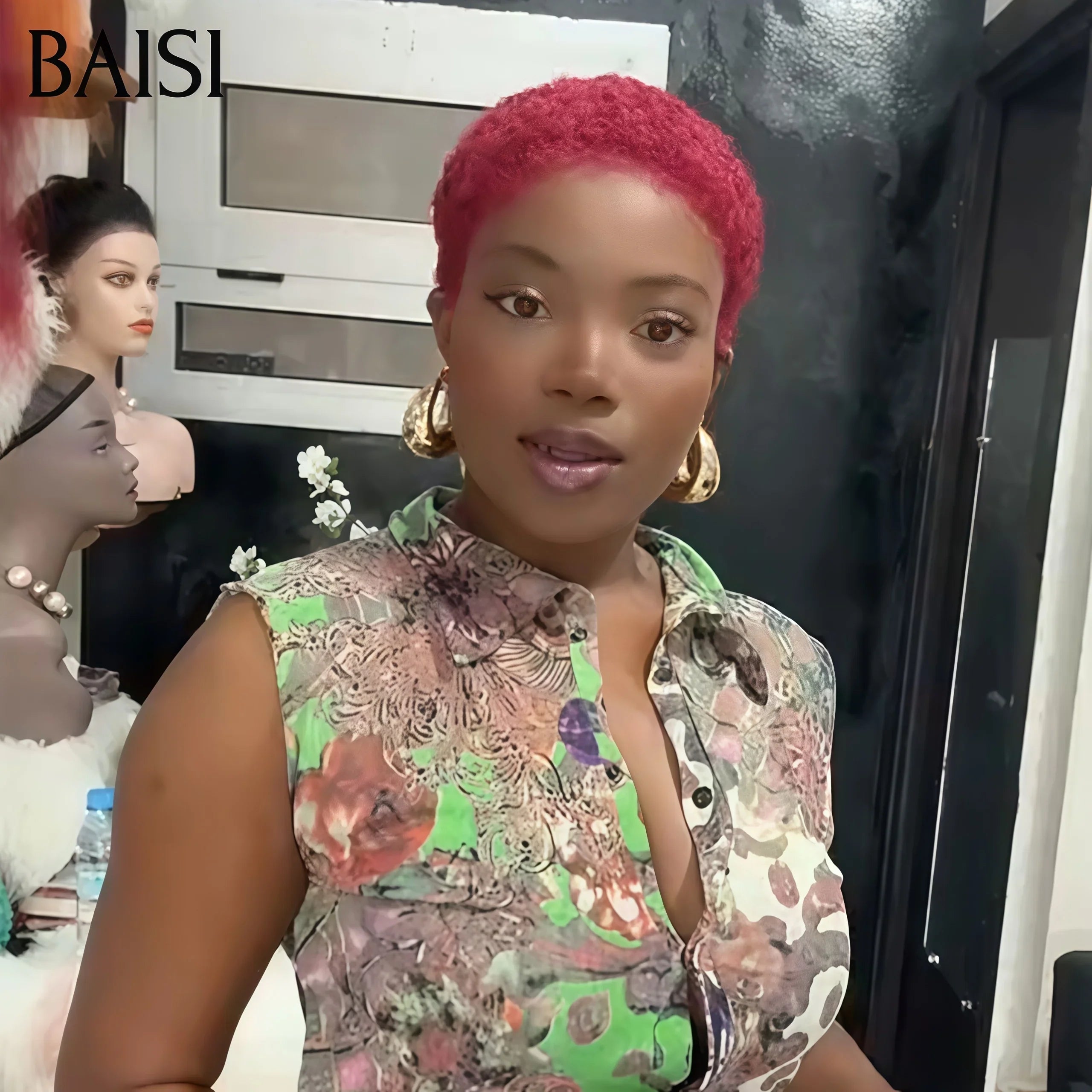 BAISI Perruques 69€ Pixie Afro Curl 13x4 lace frontal bouclé partout Couleur Bordeaux 99J# en 100% cheveux humains F-905