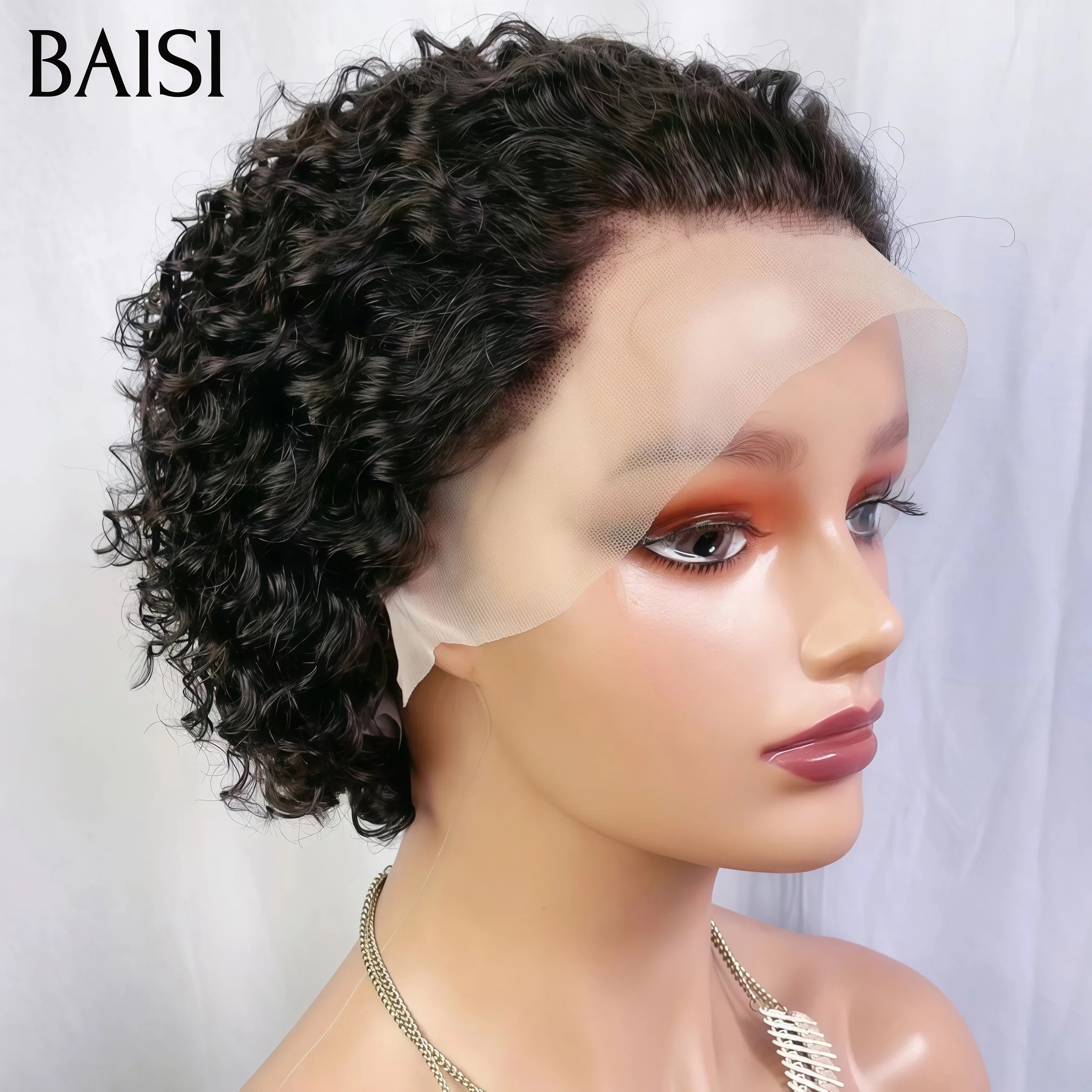 BAISI 13X4 Curly Wave Pixie Perücke in schwarzer Farbe 85 € in 100 % Echthaar