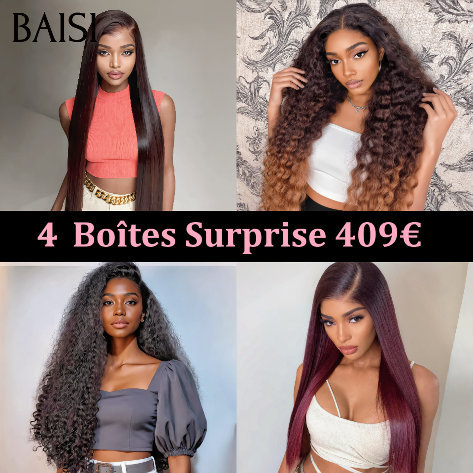 BAISI 4 Boîtes Surprise 409€ ( 20 pouce X 4 ) ou 6 Boîtes Surprise 489€ ( 18 pouce X 6 ) Facile à Revendre PROMO Prix Fournisseur Soldes en 100% Cheveux Humains