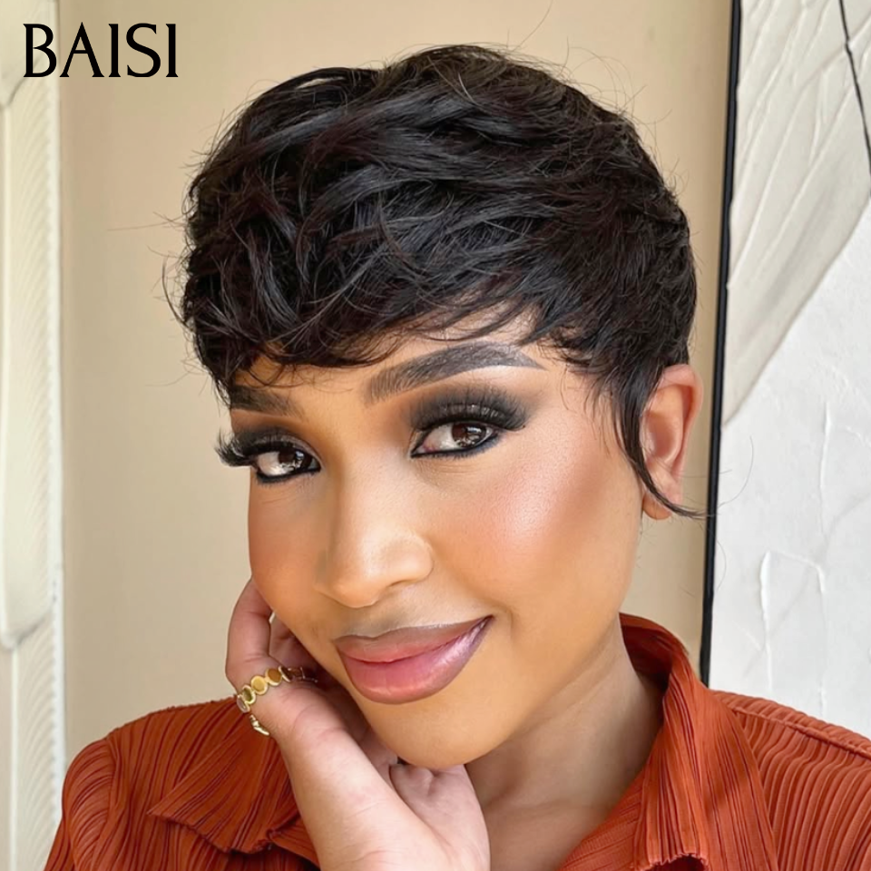 BAISI Perruque BLACK FRIDAY Bas Prix pixie sans lace lisse NOIR PROMO 39€ en 100% cheveux humains
