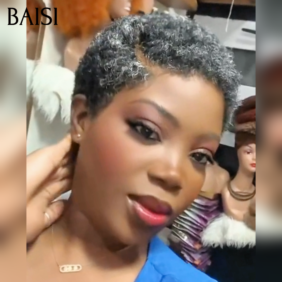 BAISI Perruque Pixie Coupe Courte Gris Tacheté Noir Poivre et Sel 65€ avec Lace Frontal 13x4 en 100% Cheveux Humains