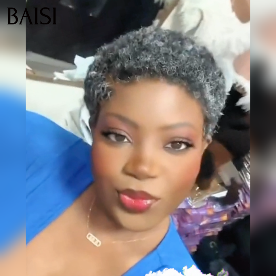 BAISI Perruque Pixie Coupe Courte Gris Tacheté Noir Poivre et Sel 65€ avec Lace Frontal 13x4 en 100% Cheveux Humains